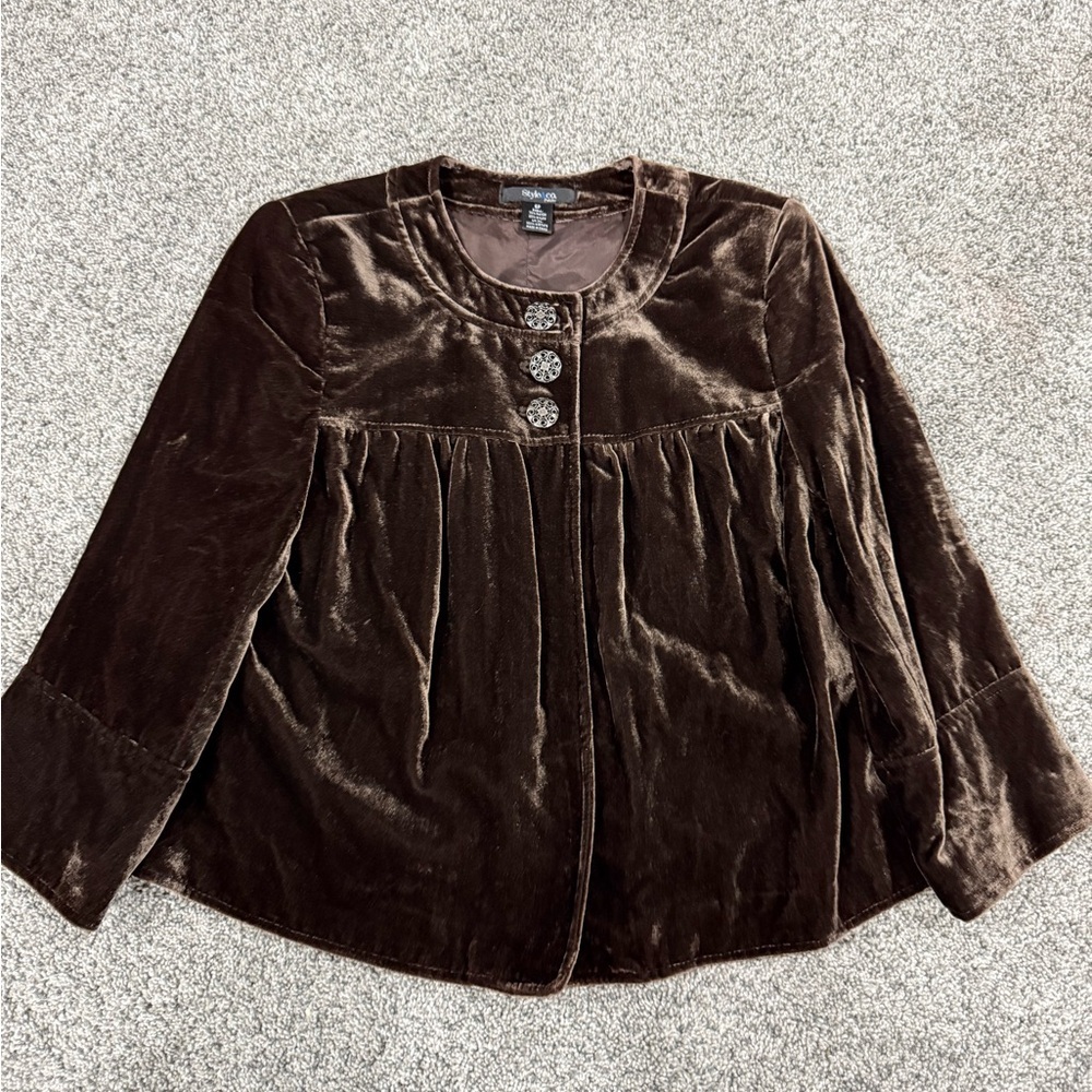Style & Co Brown Velvet Crop Y2K Gothic Witchy Top Button Jacket Women’s US 6